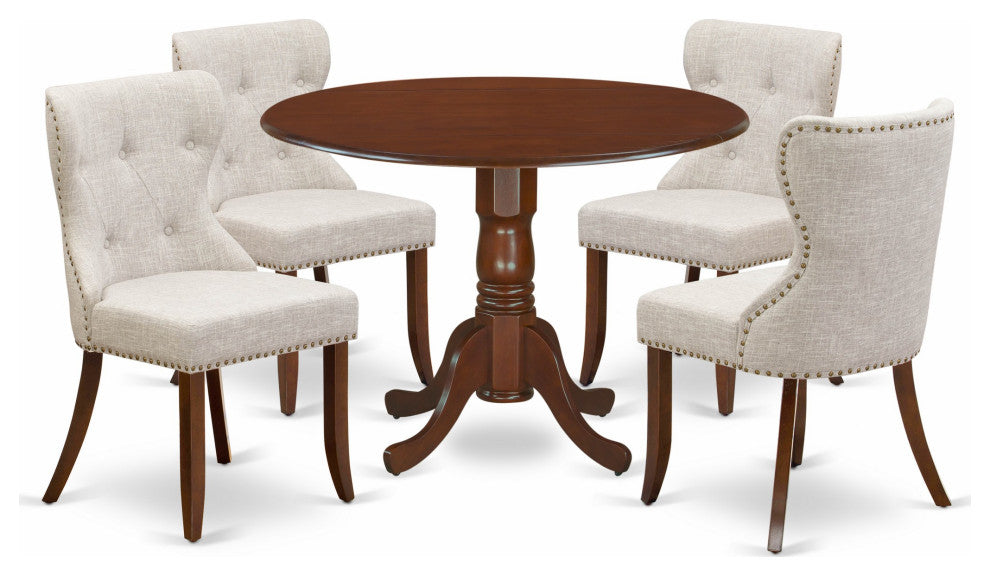A Dining Set Of 4 Kitchen Chairs, Two 9" Drop Leaf Round Table, Mahogany Finish