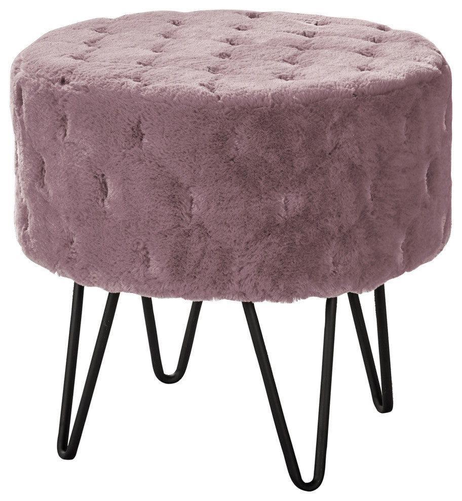 Jacquard Solid Faux Fur Round Ottoman, 18" x 18" x 18", Dusty Blush
