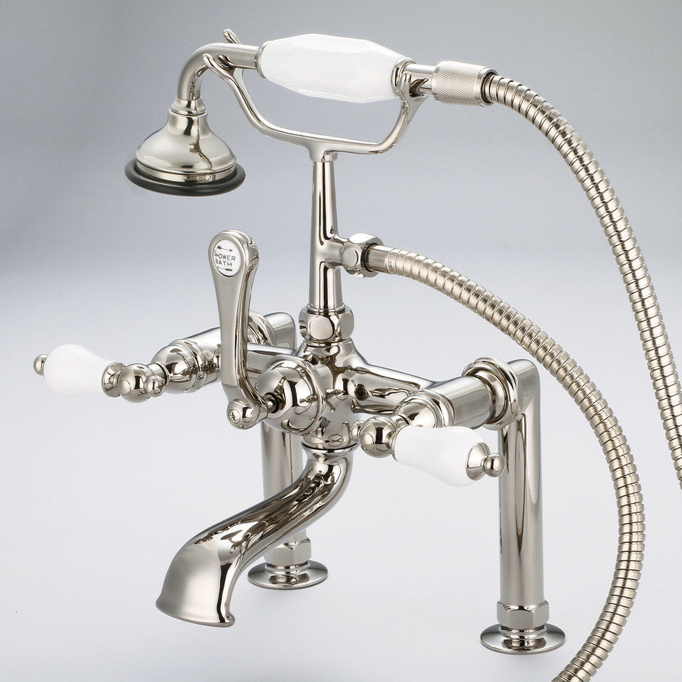 Vintage 7" Spread Deck Mount Tub Faucet w/6" Risers & Handshower, Lever handles