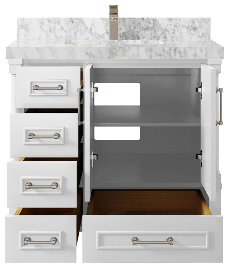 Aberdeen 36 Center Sink Bath Vanity in White 2" Carrara Marble