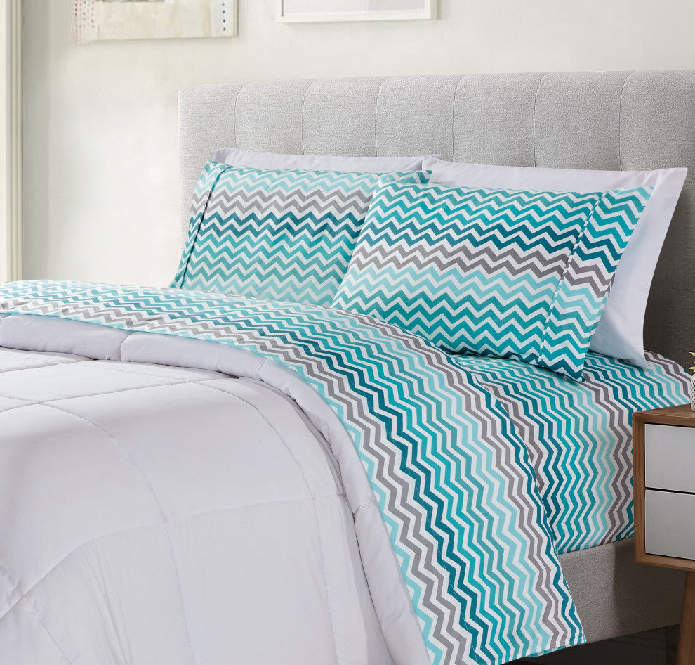 Bibb Home 4 Piece Printed Microfiber Sheet Set, Aqua Chevron, Full
