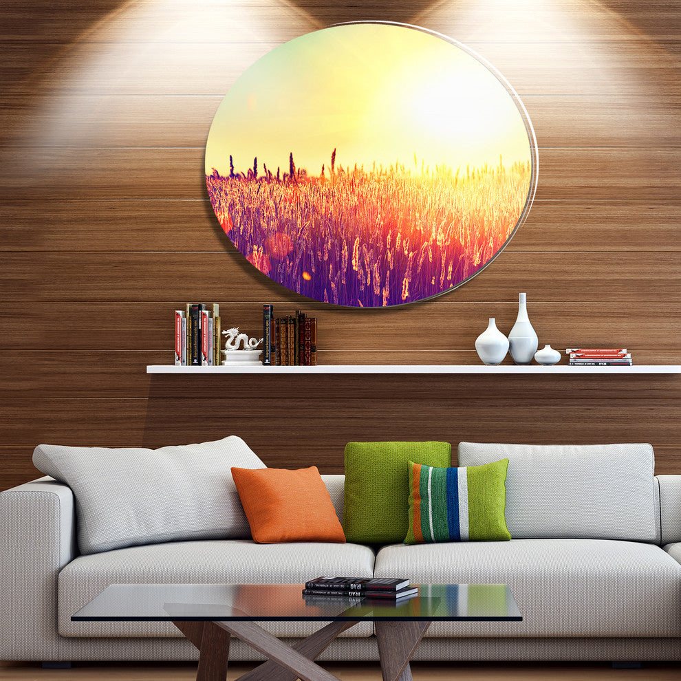 Rural Fields Under Shining Sun, Landscape Wall Disc Metal Artwork, 23"