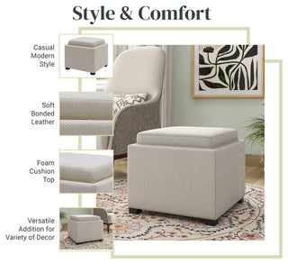 Cameron Square Storage Ottoman w/ tray, Cardiff Cream, Fabric