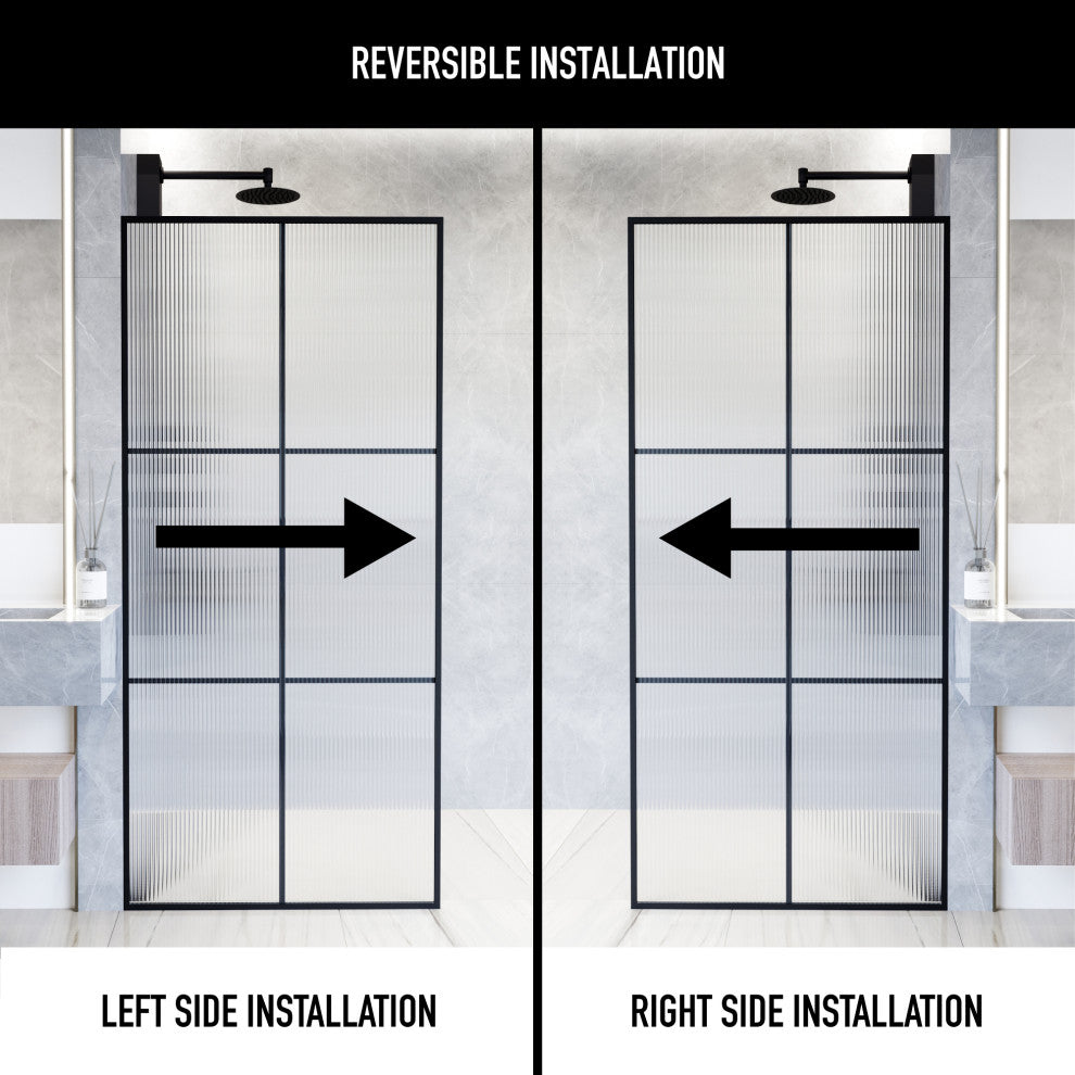 VIGO Ventana 34" W x 74"H Framed Fixed Shower Screen, Matte Black, Fluted Glass