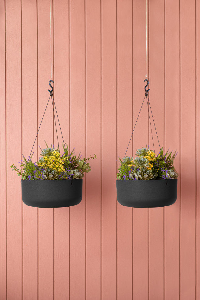 Pure Series Hanging Kona Bowl 14" Planter, Black, 2 Pack