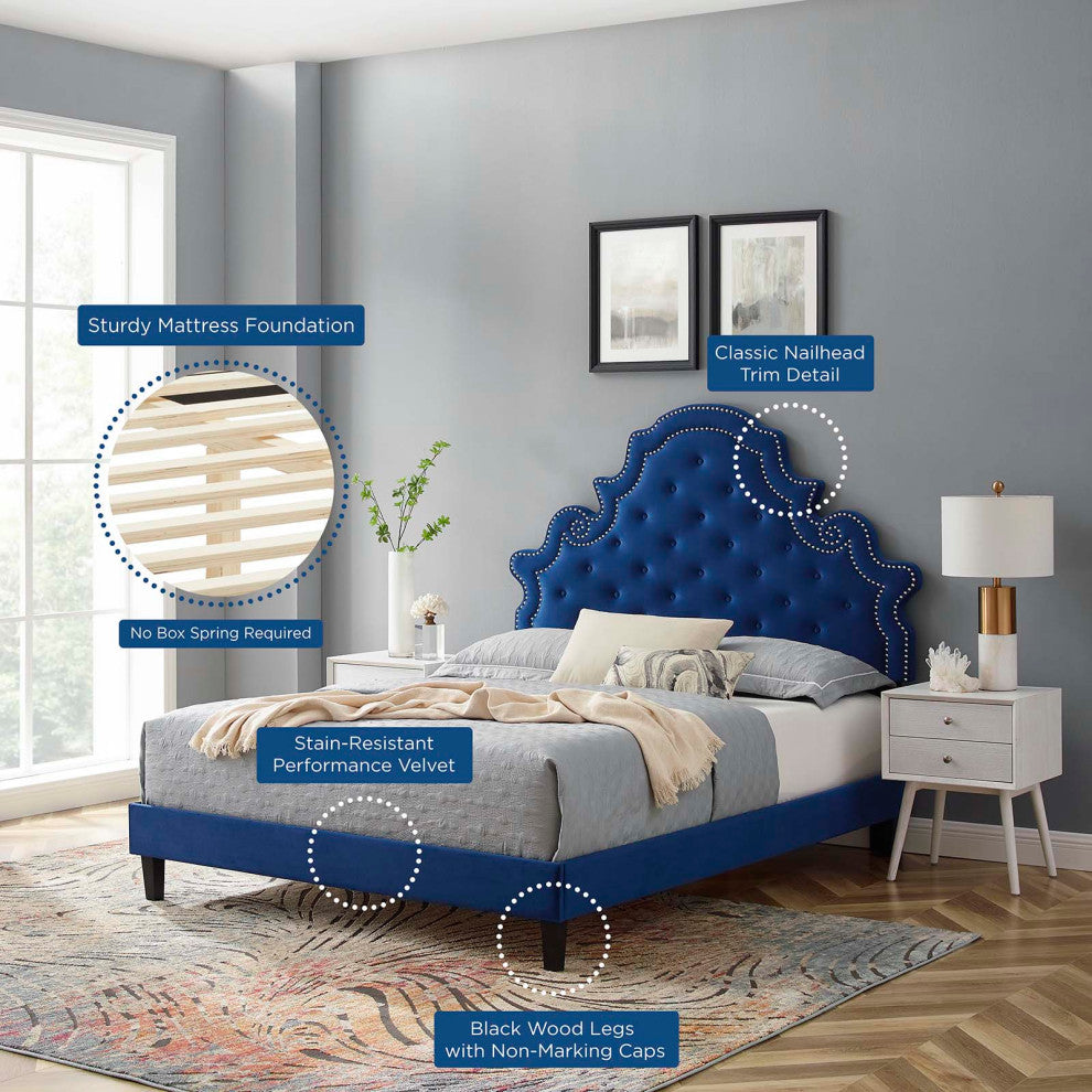 Tufted Platform Bed Frame, Twin Size, Velvet, Blue Navy, Modern Contemporary