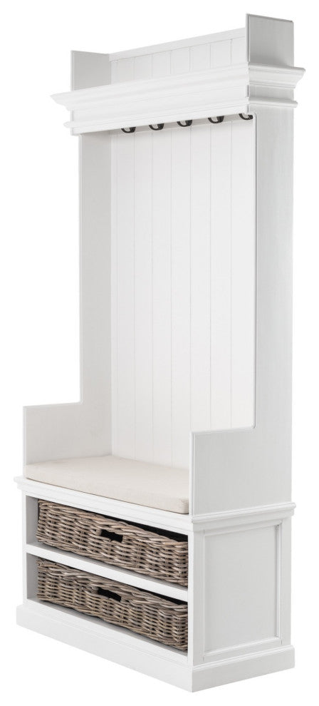 Classic White Entryway Coat Rack and Bench With Baskets