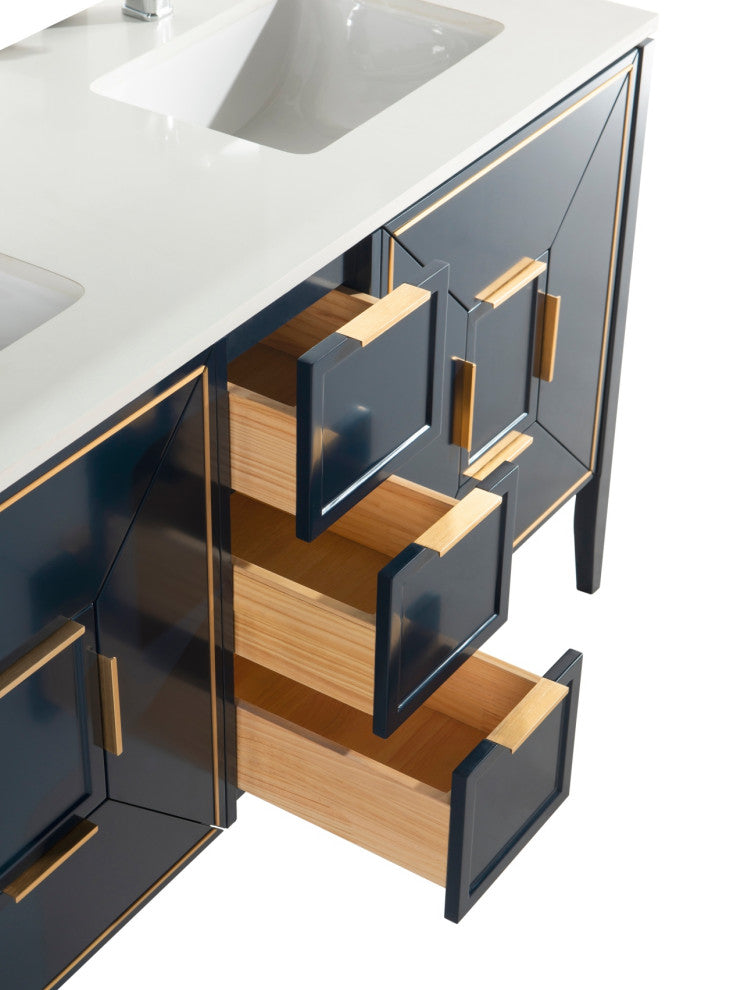 Vetro 60" Vanity With Quartz Counter Top, Gloss White, Navy Blue