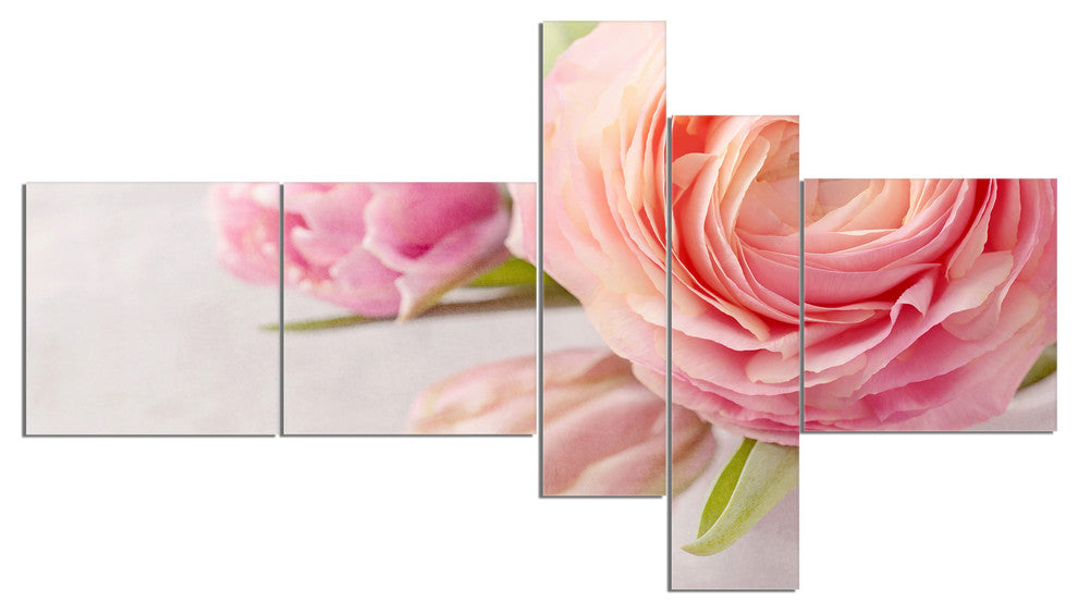 Full Bloom and Blooming Flowers, Floral Canvas Art Print, 60"x32", 5 panels