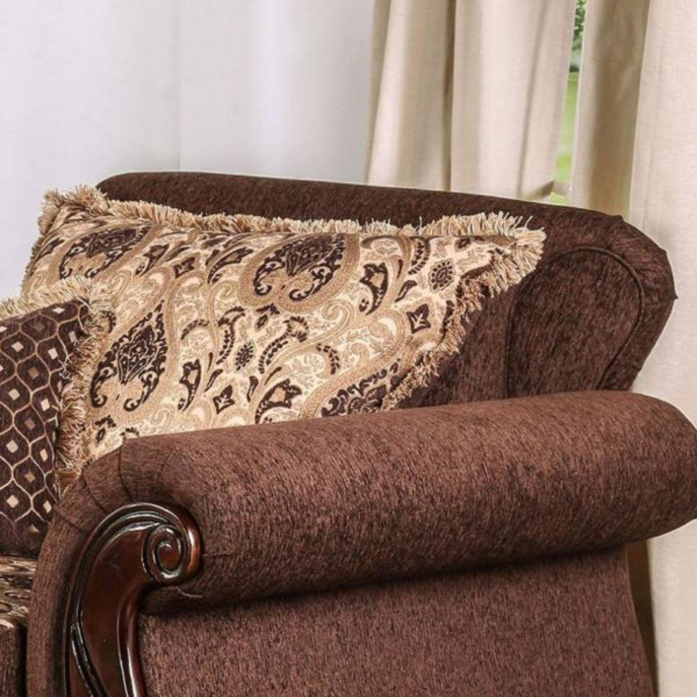 Fabric Upholstered Chair with Rolled Arms Design, Brown, Gold