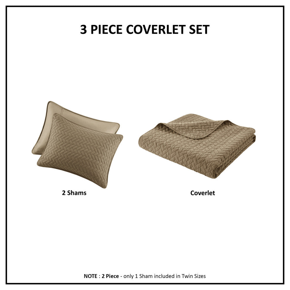 Hampton Hill Velvet Touch Herringbone Oversize 3-Piece Coverlet, Brown, Queen