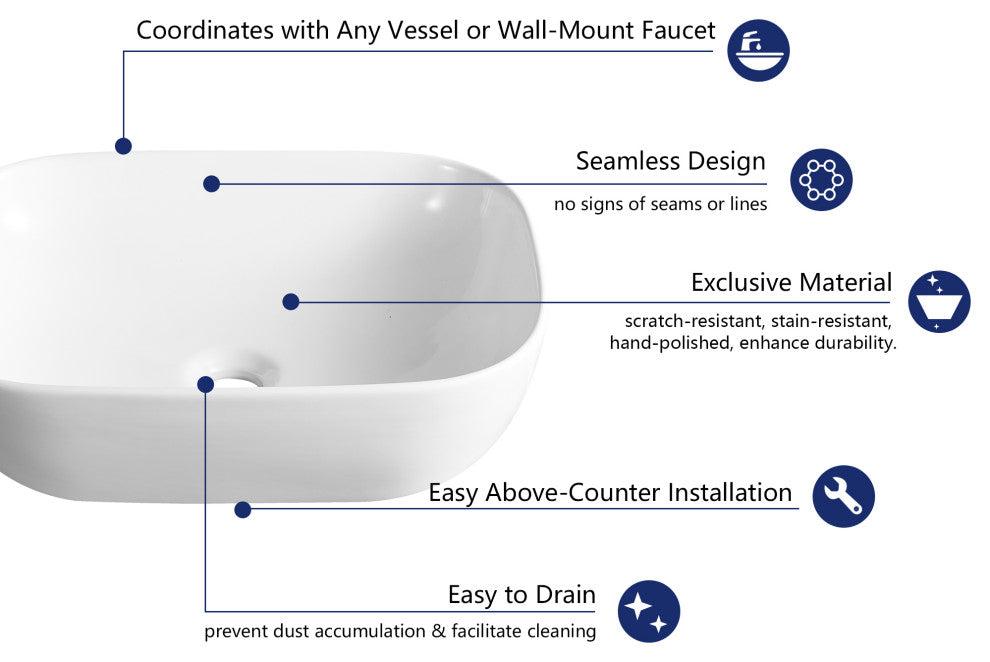 White Rectangular Ceramic Countertop Bathroom Vanity Vessel Sink