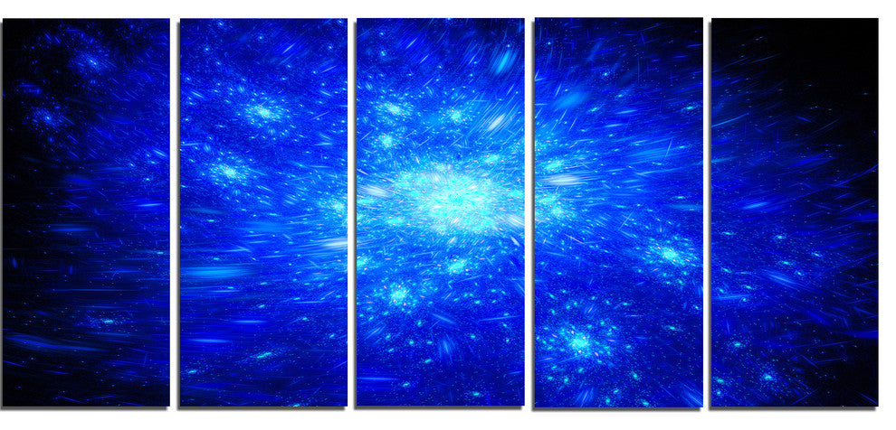Blue Fireworks on Black, Abstract Art on Canvas, 60"x28", 5 Panels