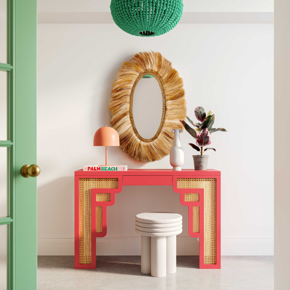 Suzie Wood & Rattan Console Table, Coral Pink