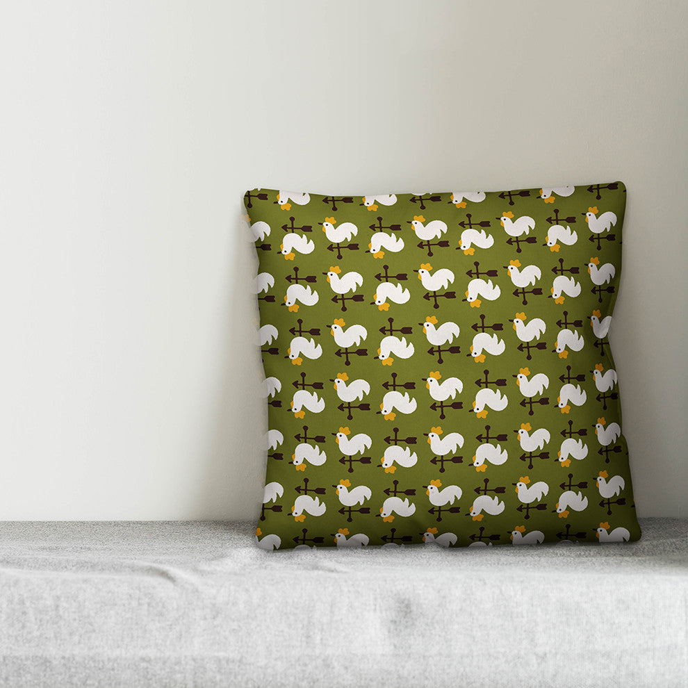 Green Rooster Pattern Throw Pillow Cover, 18"x18"