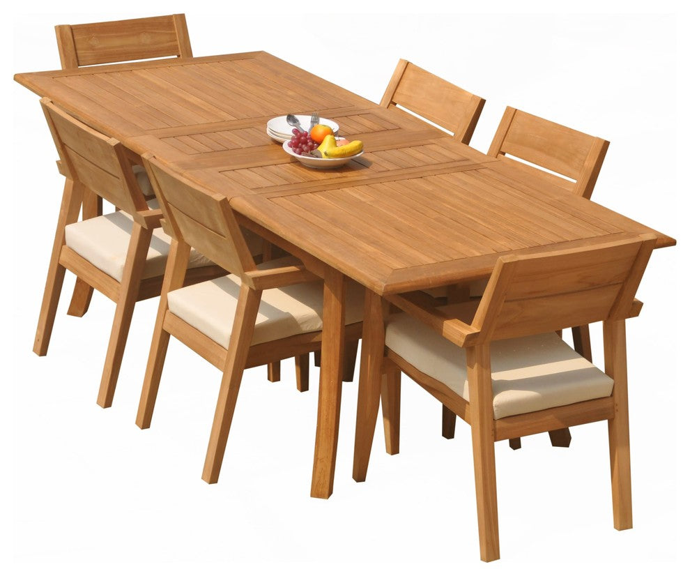 7-Piece Outdoor Teak Dining Set: 94" Rectangle Table, 6 Celo Stacking Arm Chairs