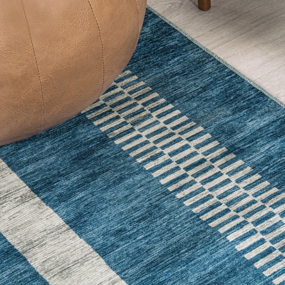 Vichy Geometric Striped Machine-Washable Blue/Cream 8 ft. x 10 ft. Area Rug