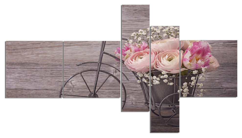 Ranunculus Flowers on Bicycle, Floral Canvas Art Print, 60"x32", 5 panels