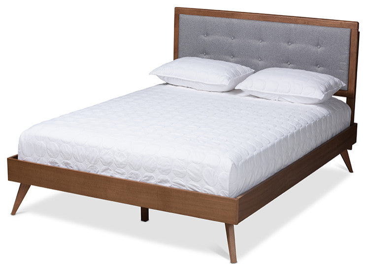 Ines Mid-Century Modern Light Gray Walnut Brown Wood Full Size Platform Bed
