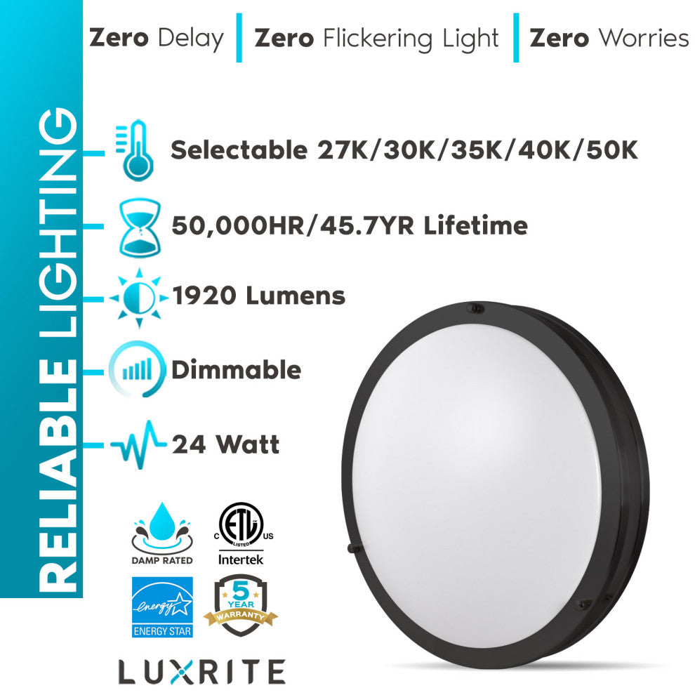 Luxrite 16" LED Flush Mount 5 Color Options 24W 1960lm Matte Black