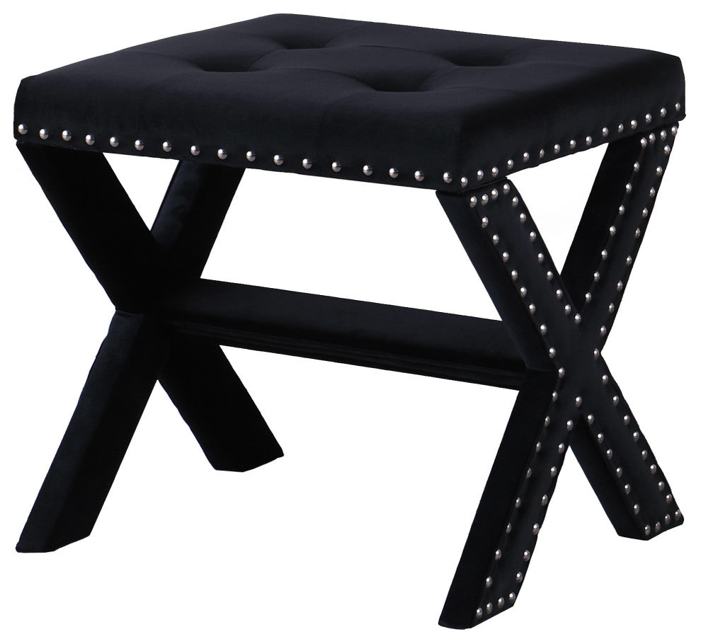 Seward Velvet Accent Bench With Silver Nail Heads, Black
