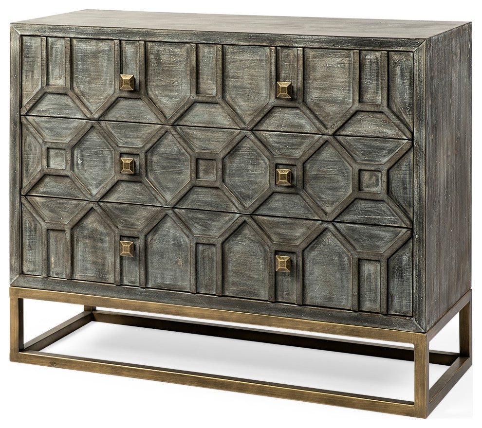 Genevieve Gray Fir Veneer With Gold Metal Frame Accent Cabinet