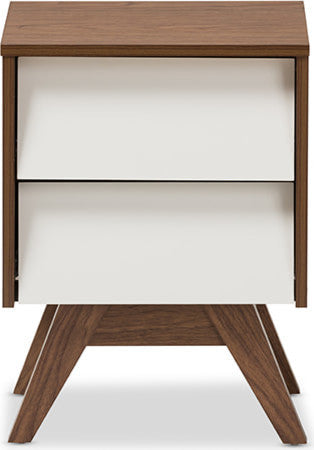 Hildon Mid-Century White and Walnut Wood 2-Drawer Storage Nightstand