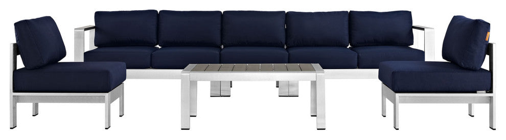 Modway Shore 6 Piece Outdoor Patio Aluminum Sectional Sofa Set, Silver Navy