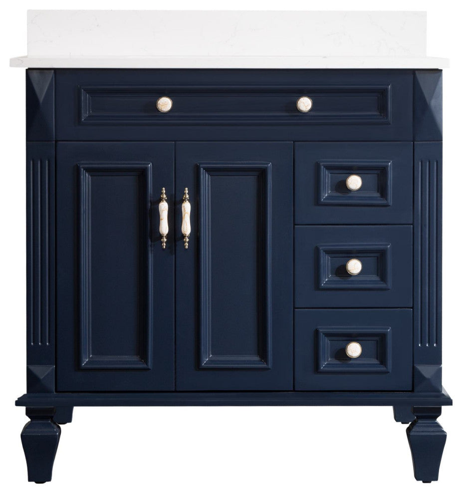 Solid Wood Bathroom Vanity with Quartz Top and cUPC Certified Sink, Navy Blue, 36 Inch