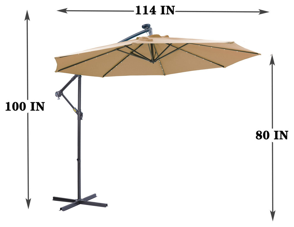 10' Steel Patio Hanging Cantilever Umbrella With 32 Solar LED Lights, Taupe