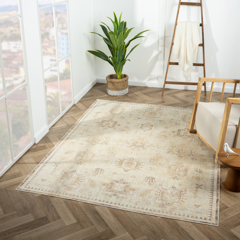 Ayla Beige Traditional Motif Waterproof Area Rug, 2' X 5'