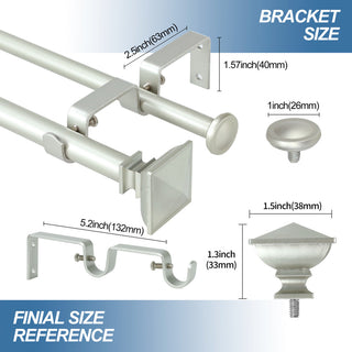 Square Urn Adjustable Double Curtain Rod Set, 5/8", Pewter, 48"-84"