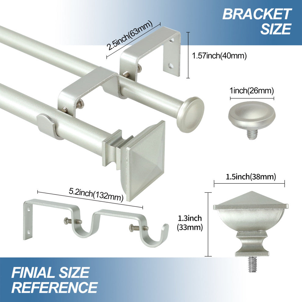 Square Urn Adjustable Double Curtain Rod Set, 5/8", Pewter, 48"-84"