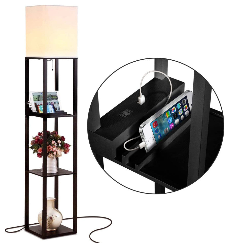 Brightech Maxwell Charger - Shelf Floor Lamp with USB Charging and Outlet LED, Classic Black
