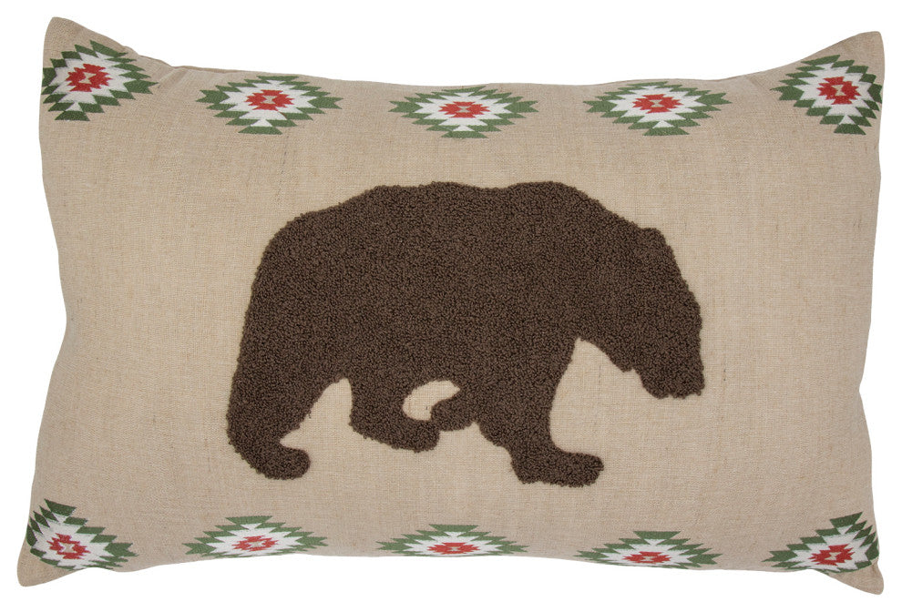 Aztec Embroidered Bear Burlap Lumbar Pillow, 16"x26", 1 Piece