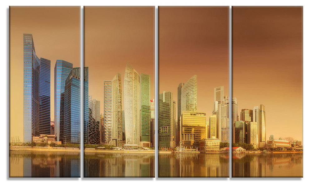 Singapore Skyline under Brown Sky, Cityscape Canvas Art Print, 48"x28", 4 Panels