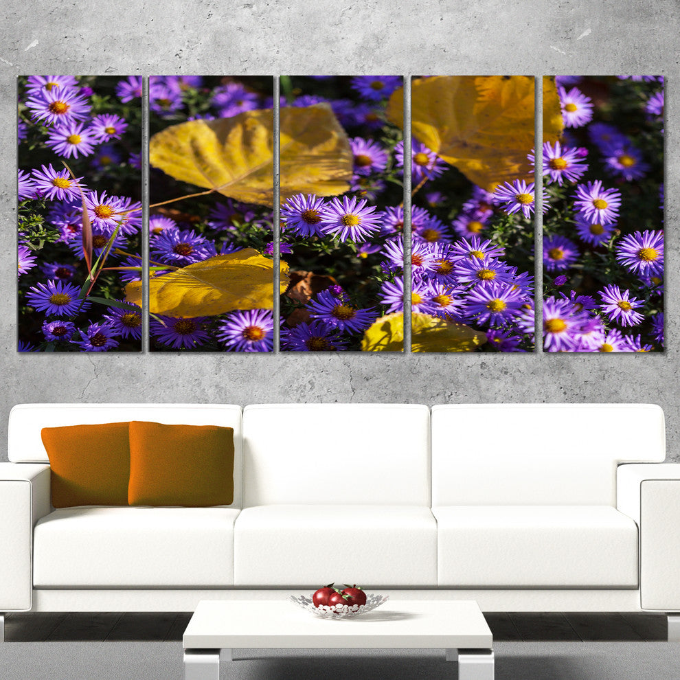 Little Purple Flowers and Yellow Leaves, Floral Canvas Print, 60"x28", 5 Panels