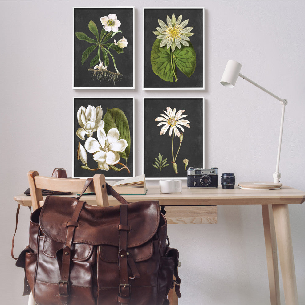 Vintage White Florals over Distressed Grey Lotus Daisies,4pc, each 16 x 20