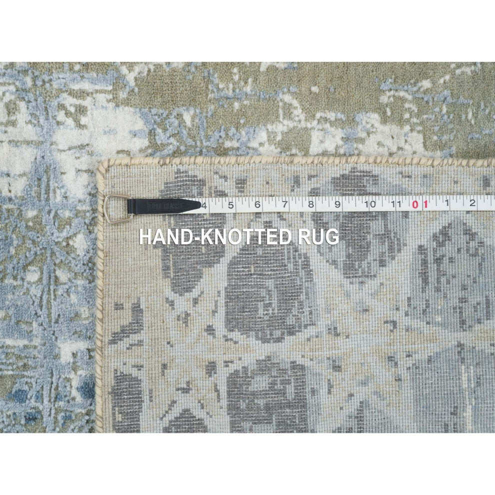 Gray, Hand Knotted Wool and Silk, THE HONEYCOMB Design Runner Rug, 2'6"x8'3"