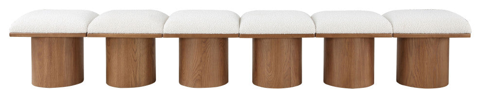 Pavilion Boucle Fabric Upholstered 6-Piece Modular Bench, Cream, Walnut Finish