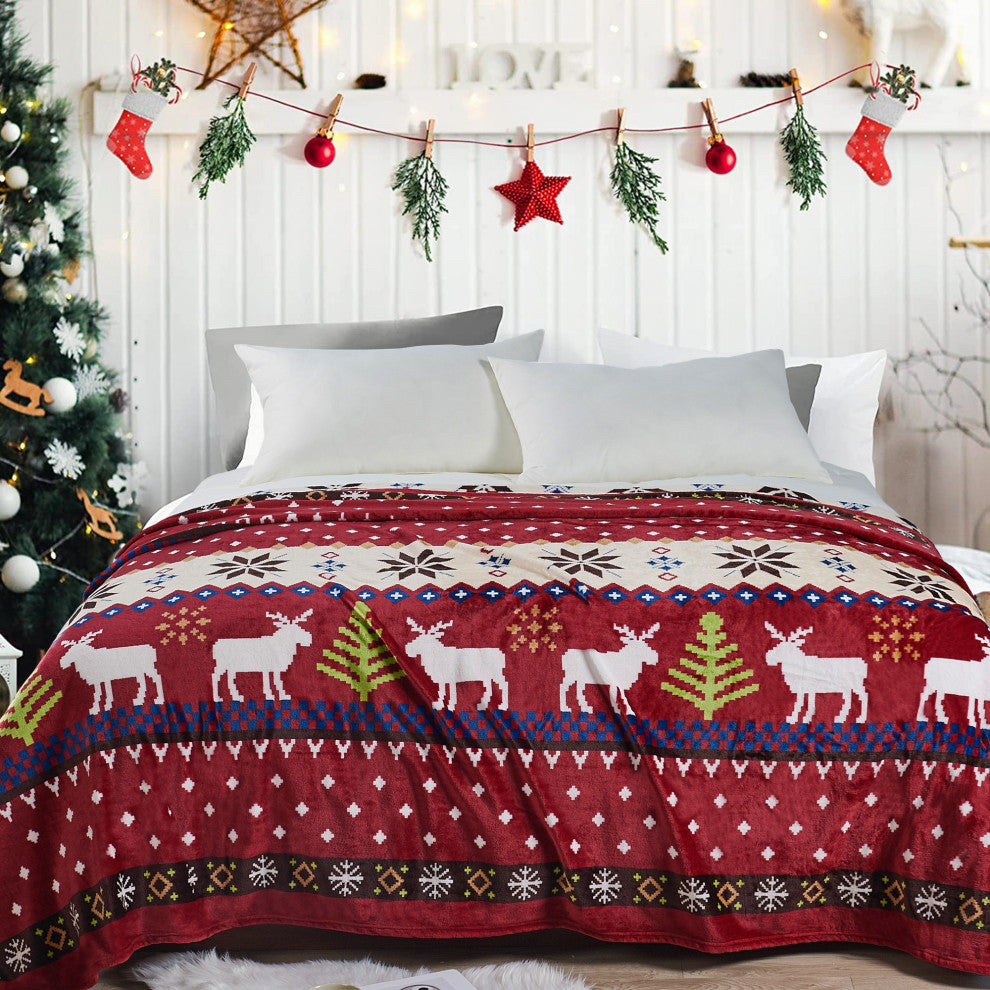Christmas Deer Flannel Fleece Blanket, Burgundy Christmas Deer, Queen