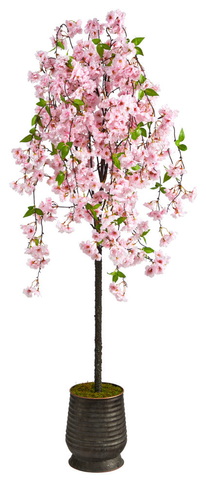 6' Cherry Blossom Artificial Tree, Ribbed Metal Planter
