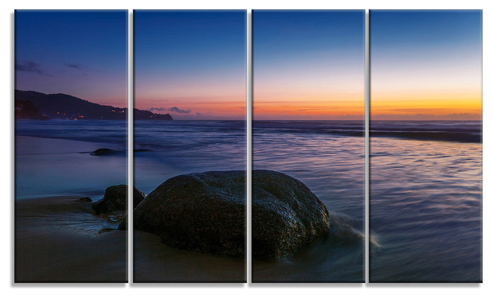 "Dark Tropical Seashore in Evening" Seascape Art Canvas, 4 Panels, 48"x28"