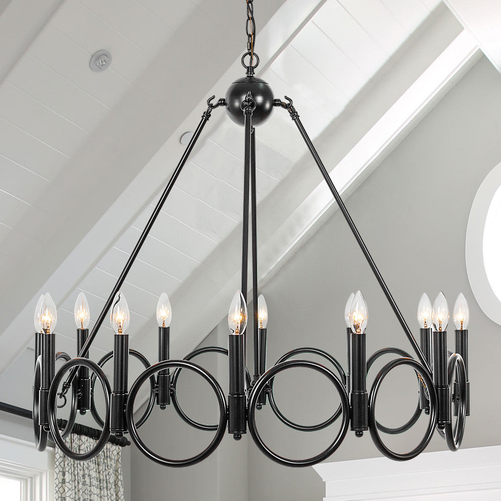12 Light Wagon Wheel Candle Style Chandelier, Classic Black