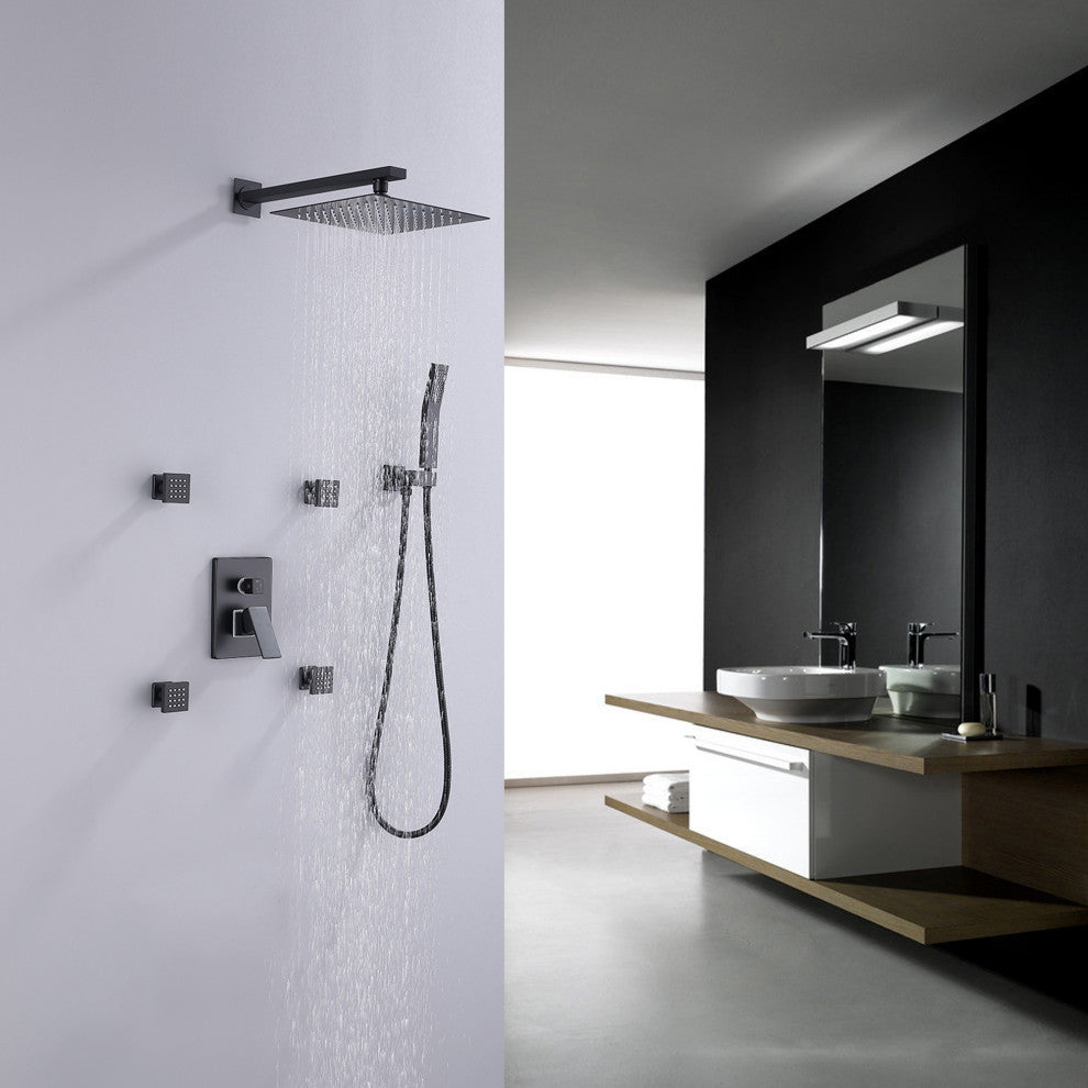 Luxury Pressure Balance Shower System W/ Body Sprays & Rough-In Valve, Matte Bla