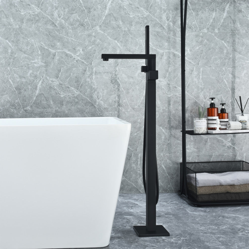 Campia Single Lever Handle Floor Mounted Tub Filler With Handshower, Matte Black