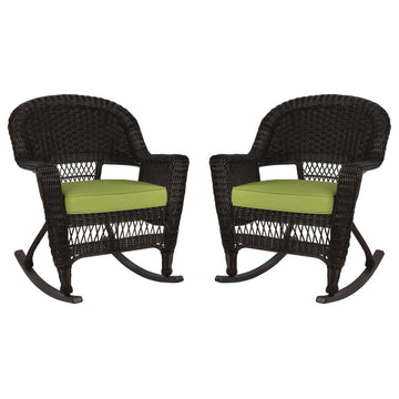 Jeco Rocker Wicker Chair in Espresso with Green Cushion (Set of 2)