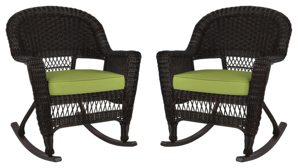 Jeco Rocker Wicker Chair in Espresso with Green Cushion (Set of 2)