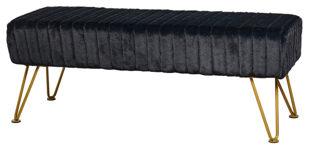 Super Mink Rectangle Ottoman With Golden Legs, Jet Black, 46"x16"x17"