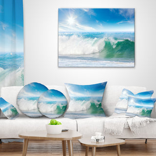 White and Blue Waves under Sun Seascape Throw Pillow, 16"x16"